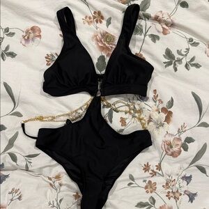 Amazon Black One Piece Swimsuit with Gold Chain Detail